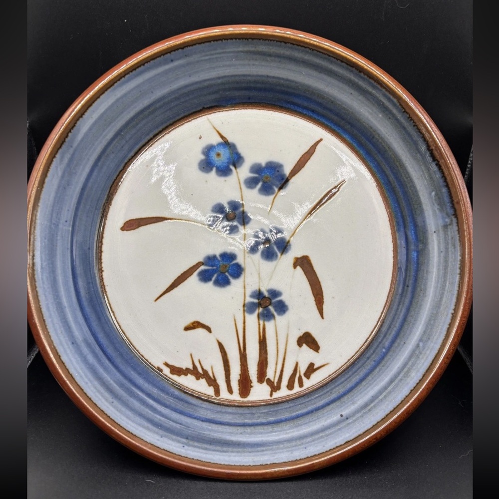 Vintage Hand-Painted Folk Art Pie Plate | Blue Floral Pottery | 10”
